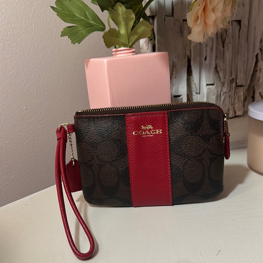 Coach Brown and Red Signature Wristlet